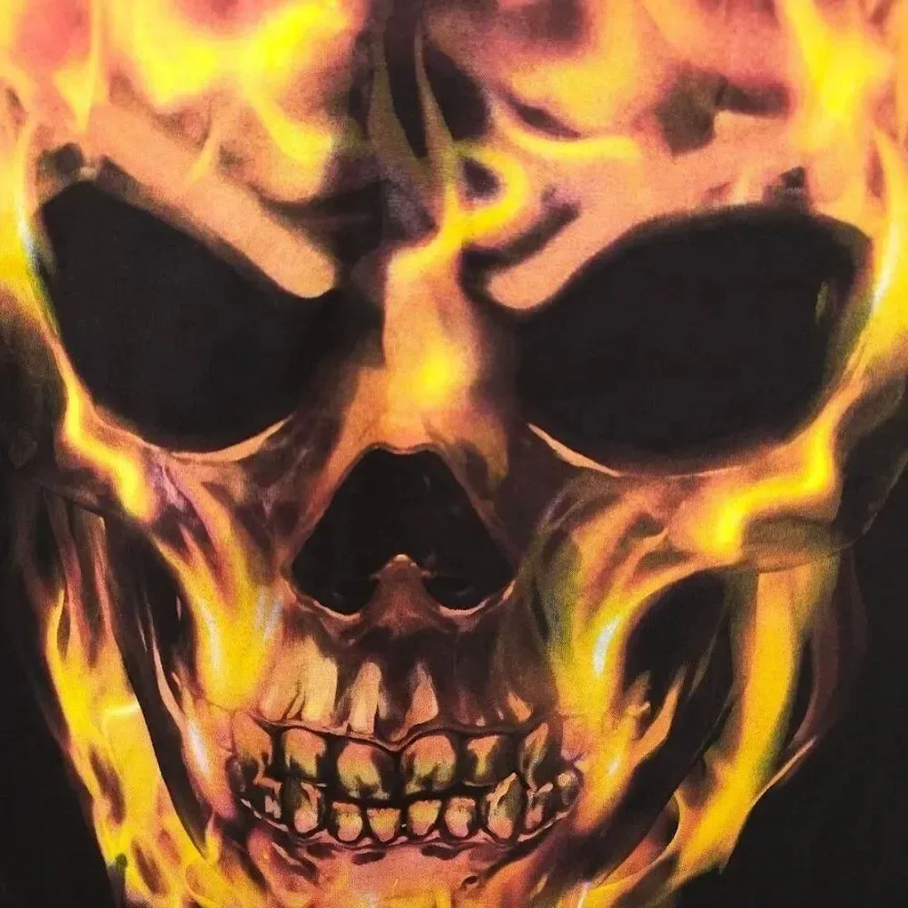 Flaming Skull T Shirt Mens Size Large Black Halloween Fire Skeleton
